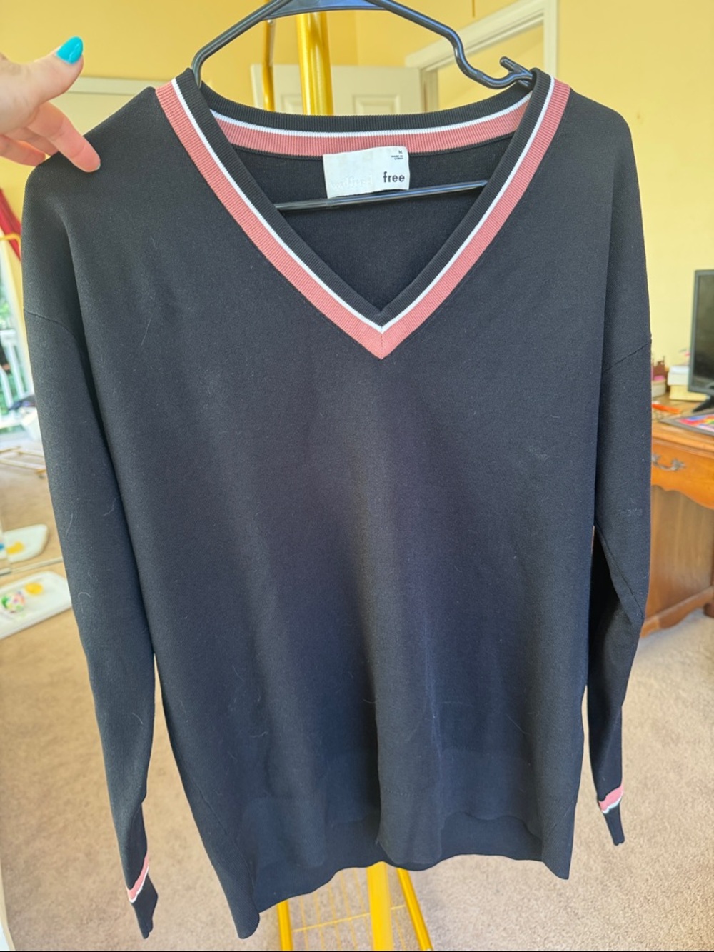 Wilfred Black V-Neck Sweater with Pink and White Trim